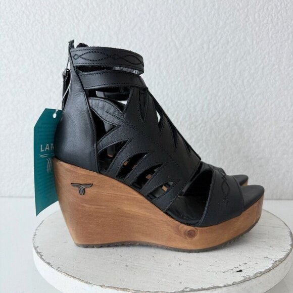 NEW Lane Boots BECCA Womens Black Wedges Size 10 Western Sandals Cowgirl Leather - Picture 3 of 10